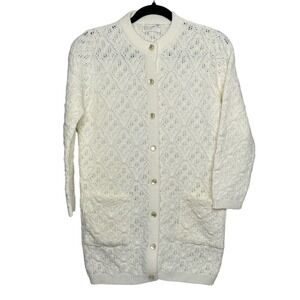 Vtg USA Sidney Gould Button Up Knit Tunic Cardigan Sweater Pockets Cream Grandma